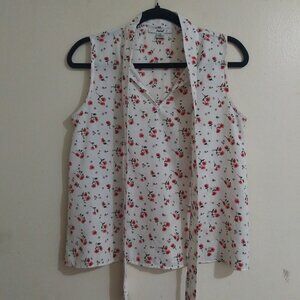 Papaya White Sleeveless Blouse with Red Floral Print & Neck Tie Detail - Size M